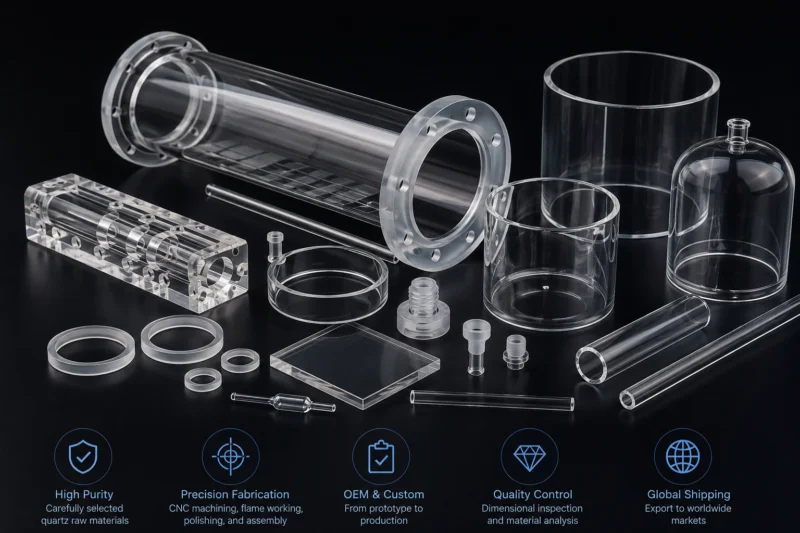 Custom quartz glass components including quartz tubes, plates, rings, and fabricated fused silica parts for semiconductor and industrial applications.