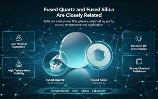 Comparison infographic of fused quartz and fused silica showing manufacturing differences, material properties and applications for semiconductor, optical and high temperature industrial equipment