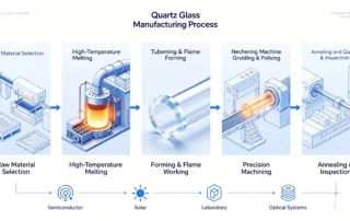 Quartz glass manufacturing process infographic showing raw material selection, high-temperature melting, forming, CNC machining, polishing, annealing and quality inspection for industrial quartz components