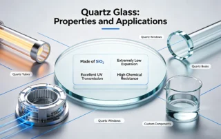 Quartz glass properties infographic showing SiO2 structure, low thermal expansion, high temperature resistance, UV transmission, chemical stability and industrial applications for semiconductor, furnace and optical systems