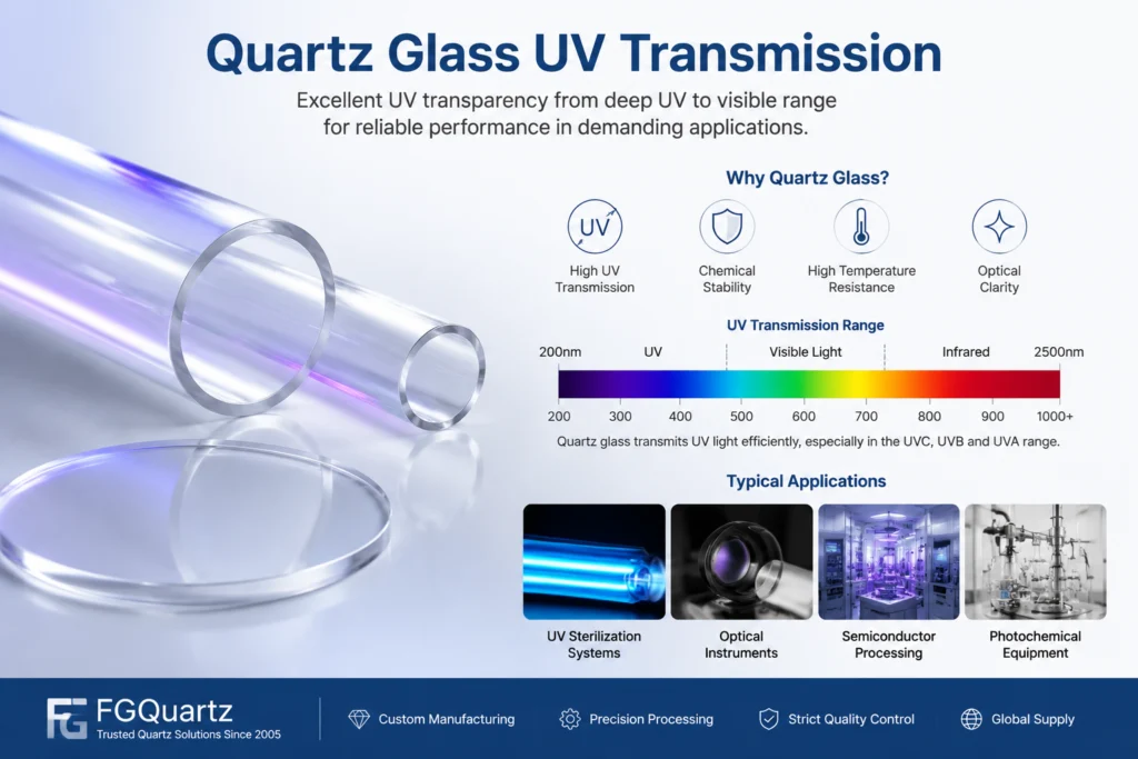 Quartz glass UV transmission showing ultraviolet light passing through quartz components for optical and sterilization applications