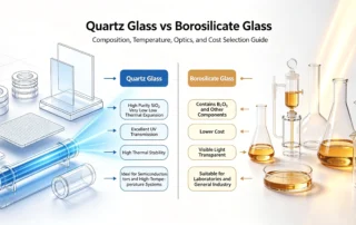 Comparison infographic of quartz glass and borosilicate glass showing material properties, temperature resistance, optical performance and industrial applications for laboratory, semiconductor and high temperature equipment