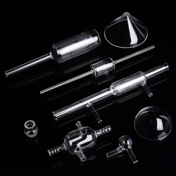 Custom flame‑formed quartz tube components including bends, flares and tapered ends