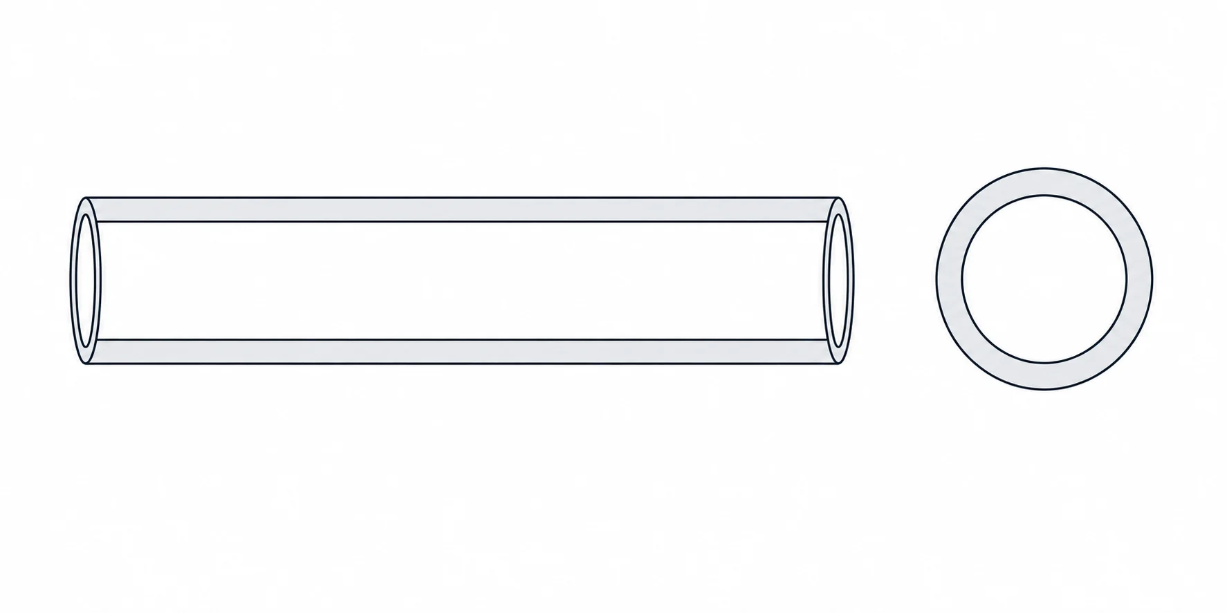 Quartz Glass Tubes Technical drawing of high-purity fused silica quartz glass tube showing side view and cross-section